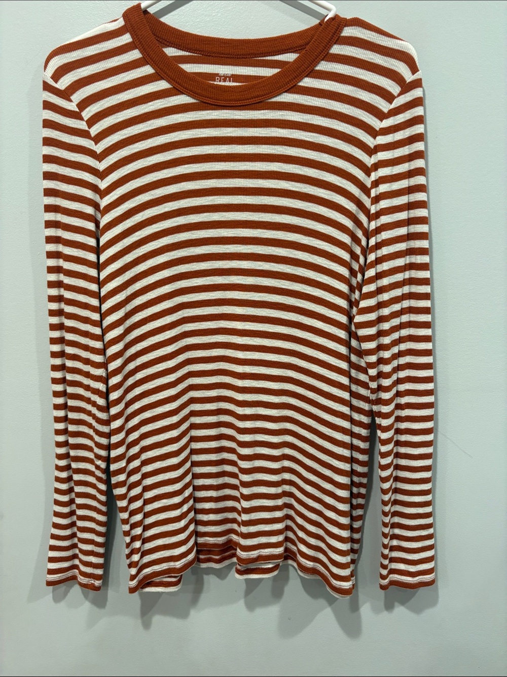 aerie Rust and White Striped Long-Sleeve Crew ptp 22 length 27